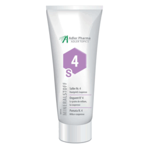 Tube mit mineralstoffhaltiger Salbe Nr. 4 für Hautprobleme, gekennzeichnet mit lila Hexagon und Produktinfos.