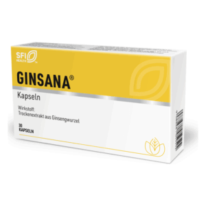 Verpackung von GINSANA Kapseln mit Ginseng-Wurzelextrakt, gelb-weißer Hintergrund und Logo.
