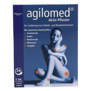 Packungsdesign von Agilomed Aktiv-Pflastern zur Linderung von Gelenk- und Muskelschmerzen, mit weiblicher Silhouette und Inhaltsstoffen