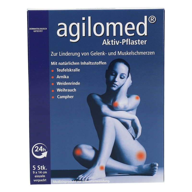 Packungsdesign von Agilomed Aktiv-Pflastern zur Linderung von Gelenk- und Muskelschmerzen, mit weiblicher Silhouette und Inhaltsstoffen