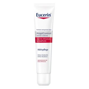 Eucerin AtopiControl aktiv Creme in einer weißen Tube mit rotem und blauen Schriftzug, für trockene Haut.