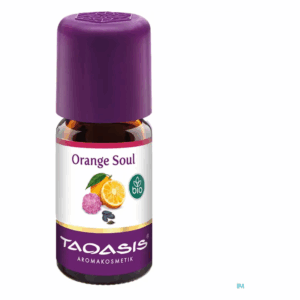 Flasche mit ätherischem Öl "Orange Soul", Bio-Label und lila Verschluss, mit Zitrusfrüchten abgebildet.