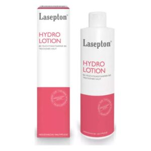 Flasche und Verpackung der Lasepton Hydro Lotion für trockene Haut, in weiß mit pinken Akzenten.