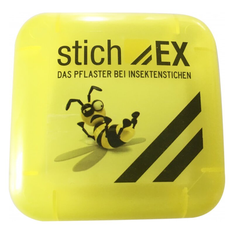 Gelbe Verpackung mit einem cartoonhaften Insekt, das auf dem Rücken liegt, und dem Schriftzug "Stich-EX: Das Pflaster bei Insektenstichen".