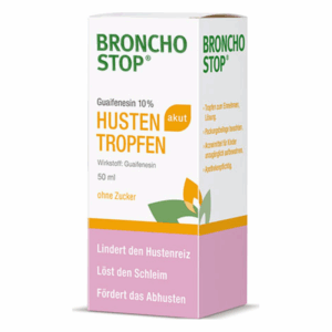 Verpackung von Broncho Stop Husten Tropfen mit Angaben zu Wirkstoff, Volumen und Nutzen auf einem weißen Karton.
