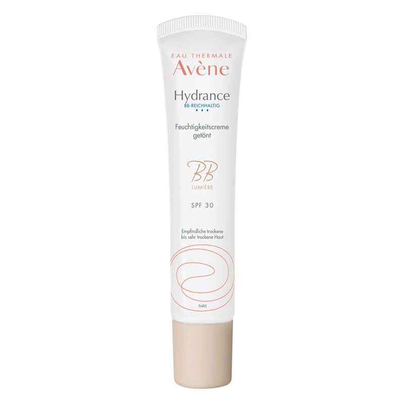 Tube mit BB-Creme von Avène, feuchtigkeitsspendend, SPF 30, für empfindliche, trockene Haut.