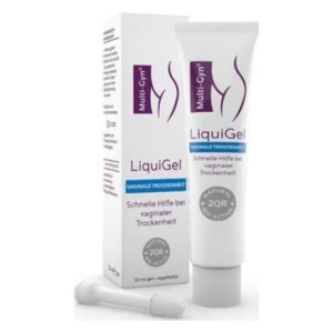 Tube mit 30 ml LiquiGel gegen vaginale Trockenheit, begleitet von einem Applikator und einer Verpackung.