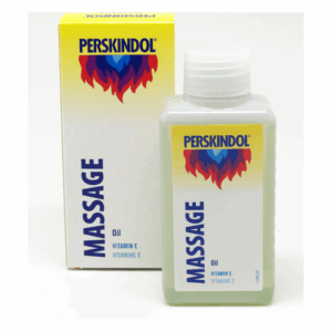 Flasche mit Massageöl von Perskindol, steht neben einer Verpackung mit Schriftzug und Angaben zu Vitamin E.