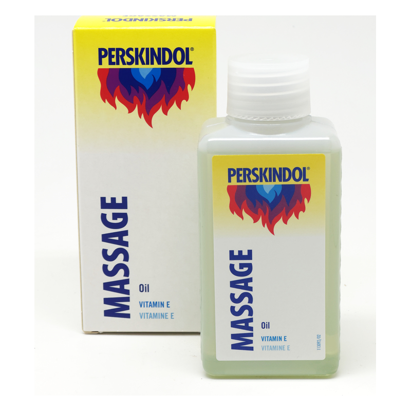Flasche mit Massageöl von Perskindol, steht neben einer Verpackung mit Schriftzug und Angaben zu Vitamin E.