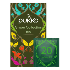 Verpackung der Pukka Green Collection Bio mit bunten, floralen Mustern und Teebeutel-Anzeige.