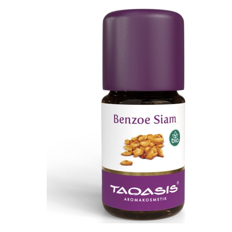 Braune Flasche mit lila Schraubverschluss und Etikett, das "Benzoo Siam" und das Bio-Siegel zeigt.