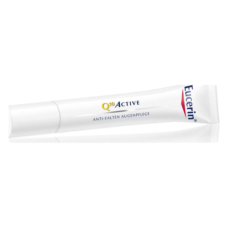 Tube mit Eucerin Q10 Active Anti-Falten Augenpflege, weiß mit blauer und gelber Schrift.