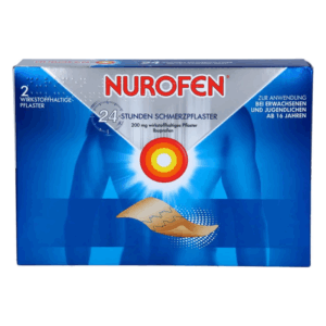 Verpackung eines Schmerzpflasters von Nurofen, mit Angaben zur Anwendung und Wirkstoffen.