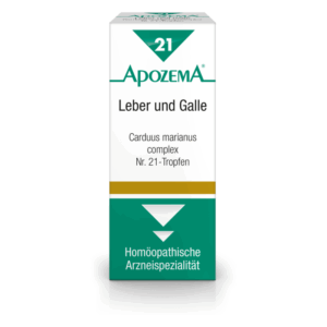 Homöopathisches Arzneimittel in einer weißen Verpackung für Leber und Galle, beschriftet mit Inhaltsstoffen und Anwendungshinweisen.
