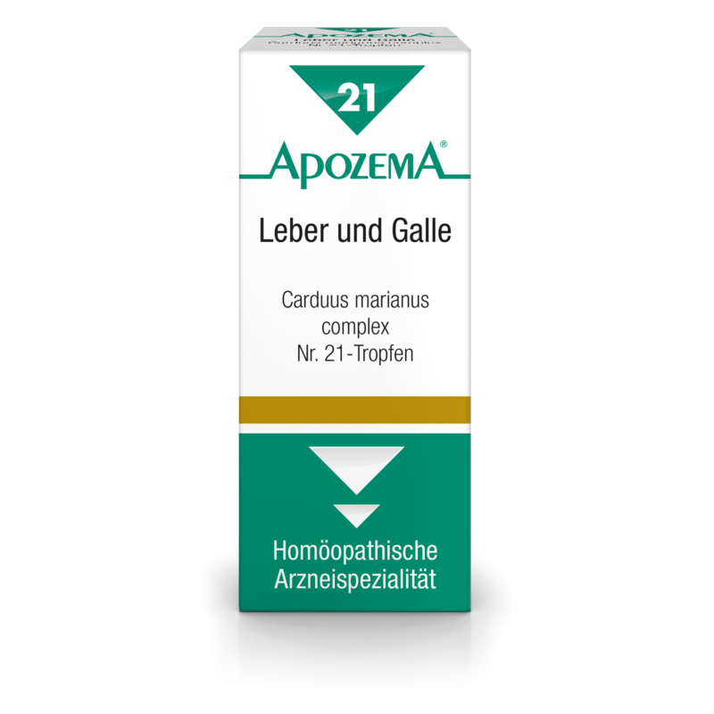 Homöopathisches Arzneimittel in einer weißen Verpackung für Leber und Galle, beschriftet mit Inhaltsstoffen und Anwendungshinweisen.