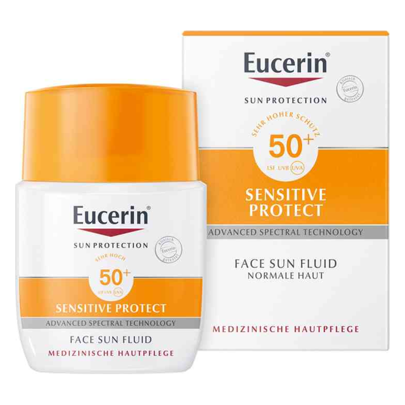 Eucerin Sensitive Protect Gesichts-Sonnenfluid mit hohem Lichtschutzfaktor 50+, in weißer Verpackung mit orangefarbenem Deckel.
