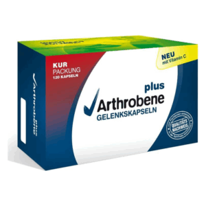 Packung mit 120 Gelenk-Kapseln von Arthrobene plus, mit Vitamin C, in grafischer, mehrfarbiger Verpackung.