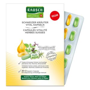 Verpackung von RAUSCH Schweizer Kräuter Vital Kapseln mit pflanzlichen Inhaltsstoffen und zwei Kapselvarianten in einer Blisterpackung.