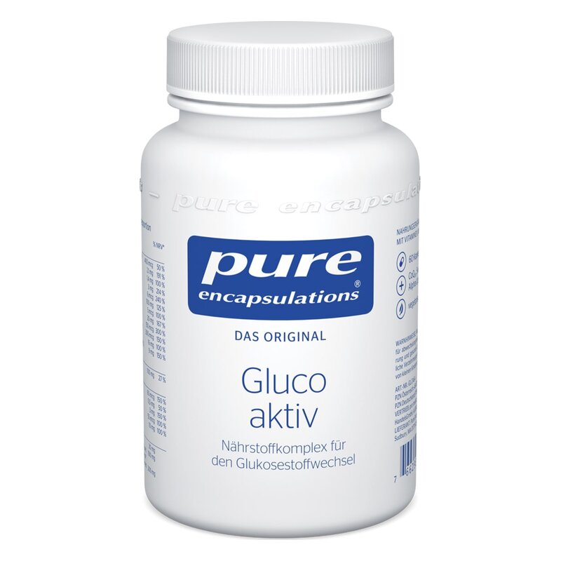 Weißer Kunststoffbehälter mit Schraubverschluss, beschriftet mit 'Gluco aktiv' von Pure Encapsulations.