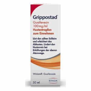 Verpackung von Grippostad Husten tropfen, enthält Guaifenesin zur Linderung von Husten und Erkältungen.