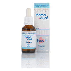 Braune Flasche mit Pipette, enthaltend Bauch-Tropfen mit Fenchel, verpackt in einer blauen und weißen Schachtel.