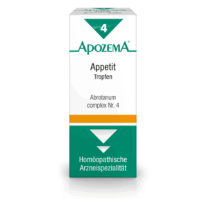 Verpackung von Apozema Appetit Tropfen, homöopathisches Arzneimittel, in weißer Box mit grünem und orangefarbenem Design.
