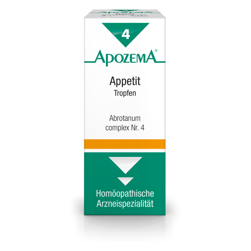 Verpackung von Apozema Appetit Tropfen, homöopathisches Arzneimittel, in weißer Box mit grünem und orangefarbenem Design.