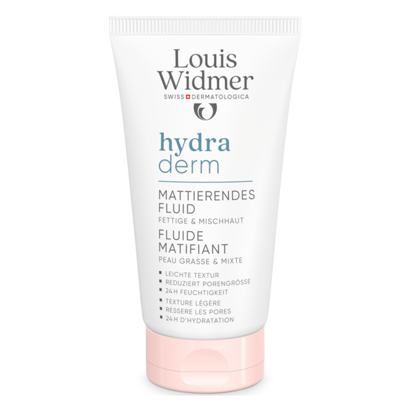 Gesichtsfluid in einer weißen Tube mit rosa Verschluss, für fettige und Mischhaut, leicht und mattierend.