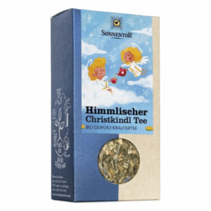 Verpackung von Himmlischer Christkindl Tee mit illustrativen Engeln auf blauem Hintergrund und Sichtfenster für die Teekräuter.