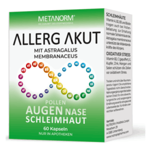 Verpackung des Nahrungsergänzungsmittels 'Allerg Akut' mit Informationen zu Inhaltsstoffen und Anwendung.