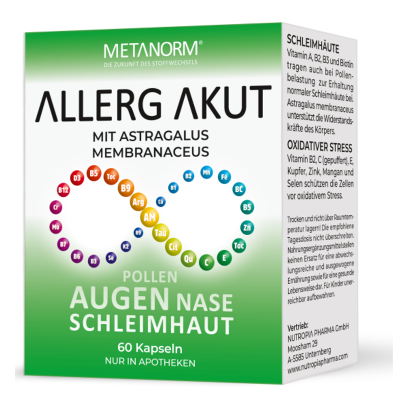 Verpackung des Nahrungsergänzungsmittels 'Allerg Akut' mit Informationen zu Inhaltsstoffen und Anwendung.