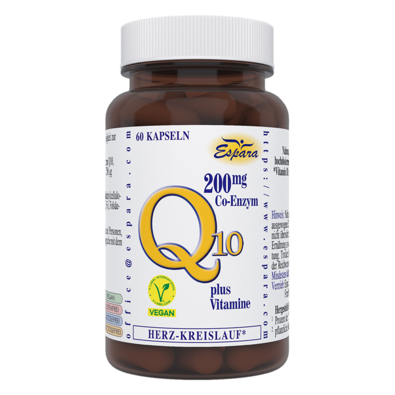 Braune Glasflasche mit 60 Kapseln, enthält 200mg Co-Enzym Q10 und Vitamine, vegan, für Herz-Kreislauf-Bereich.