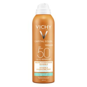 Bronzefarbener Spray mit aufgedrucktem Vichy-Logo und der Bezeichnung "CAPITAL SOLEIL SPF 50".