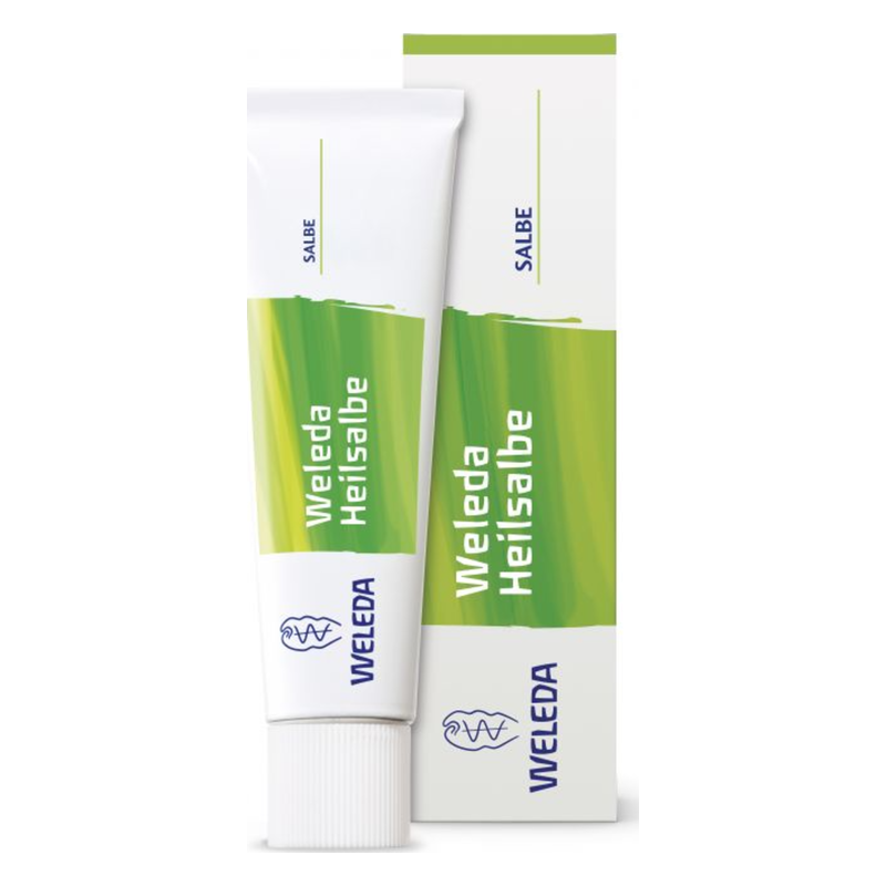 Weleda Heilsalbe in einem Tubenformat mit grünem Design und einer passenden Verpackung.