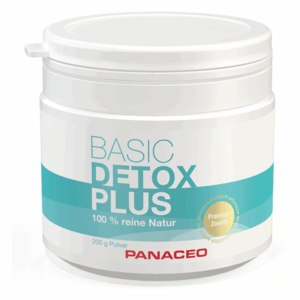 Weißer Behälter mit Schraubverschluss, beschriftet mit 'BASIC DETOX PLUS', 200 g Pulver, für natürliche Entgiftung.