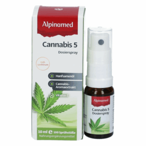 Cannabis 5 Dosierspray von Alpinamed, umgeben von einer Verpackung mit Hanfblattmotiv und Infos zu Inhaltsstoffen.