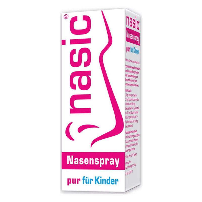 Verpackung eines Nasensprays für Kinder mit pinkem Schriftzug und einer Darstellung der Anwendung.