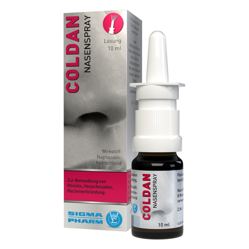 Cold Nasenspray in einer 10 ml Flasche mit Sprühkopf und Verpackung, die Anwendungsgebiete nennt.