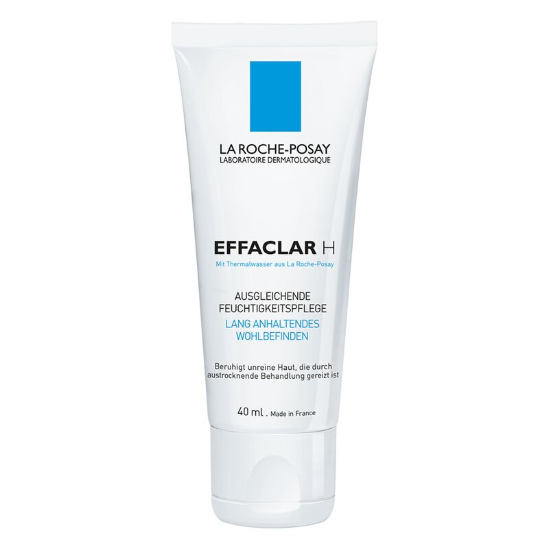 Tubenverpackung einer Feuchtigkeitscreme von La Roche-Posay, beschriftet mit "EFFACLAR H", für unruhige Haut.