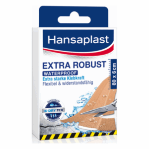 Verpackung von Hansaplast mit wasserfesten Pflastern, Beschreibung der Eigenschaften, flexibles Material, beige Farbe.