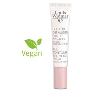 Augengel für die Augenpartie in einer weißen Tube mit rosa Verschluss, vegan, betont Anti-Aging-Eigenschaften.