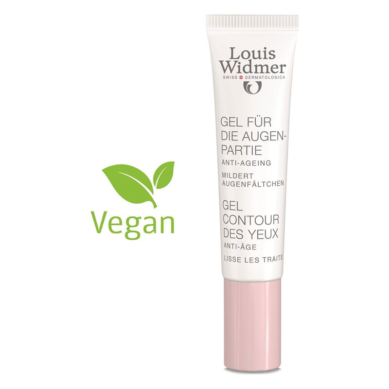 Augengel für die Augenpartie in einer weißen Tube mit rosa Verschluss, vegan, betont Anti-Aging-Eigenschaften.