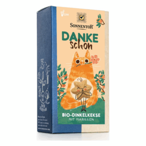 Verpackung von SONNENTOR Bio-Dinkelkeksen mit Marillen, illustrativer Katzendesign und dem Text 'Danke schön'.