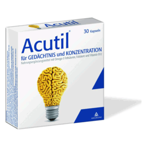 Verpackung des Nahrungsergänzungsmittels Acutil für Gedächtnis und Konzentration mit einer Glühbirne in Form eines Gehirns.