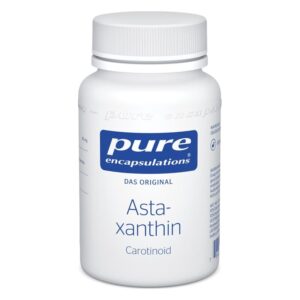 Weißes Fläschchen mit einem blauen Etikett, das Astaxanthin-Kapseln von Pure Encapsulations zeigt.