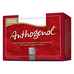 Rote Verpackung von Anthogenol, einem pflanzlichen Nahrungsergänzungsmittel zur Unterstützung von Venen, Augen und Haut.