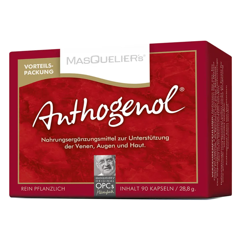 Rote Verpackung von Anthogenol, einem pflanzlichen Nahrungsergänzungsmittel zur Unterstützung von Venen, Augen und Haut.