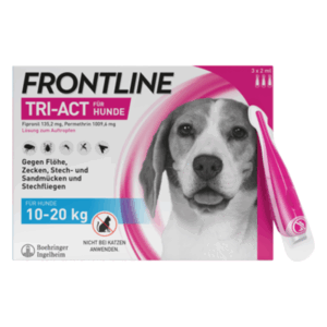 Packung Frontline Tri-Act für Hunde mit einem Beagle-Motiv, enthält Lösung gegen Flöhe und Zecken.