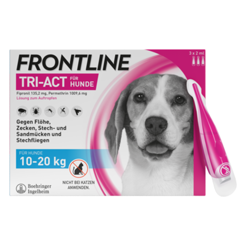 Packung Frontline Tri-Act für Hunde mit einem Beagle-Motiv, enthält Lösung gegen Flöhe und Zecken.