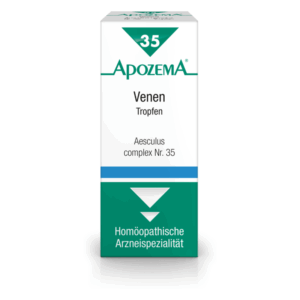 Verpackung von ApoZEMA Venen Tropfen, homöopathisches Produkt in einer schmalen, rechteckigen Box mit grünem und blauem Design.